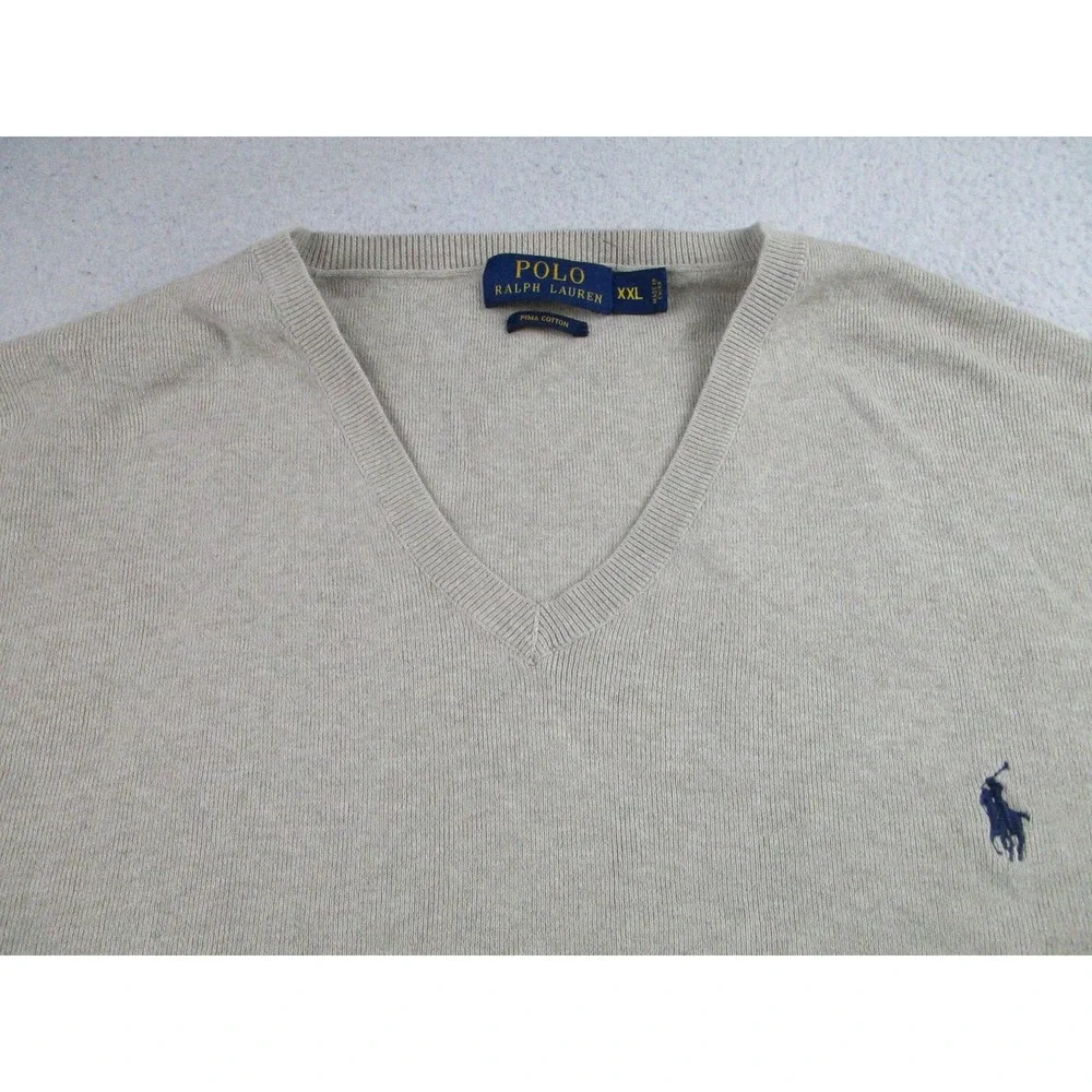 Polo Ralph Lauren Sweater Mens 2XL Beige V-Neck Pima Cotton Knit Pullover‎ Pony